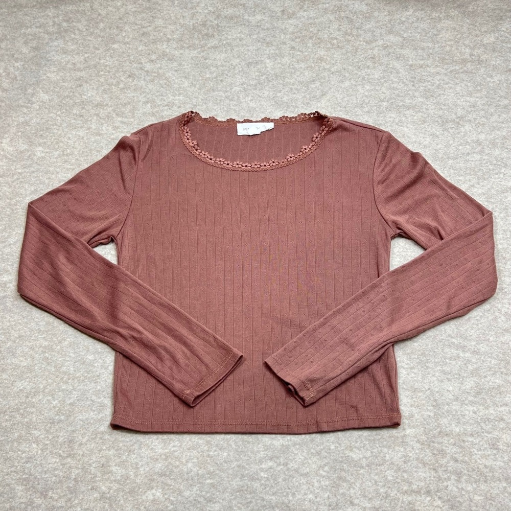 Pink Rose Womens Mauve Pointelle Knit Long Sleeve Lace Trim Top Sz M‎ Coquette